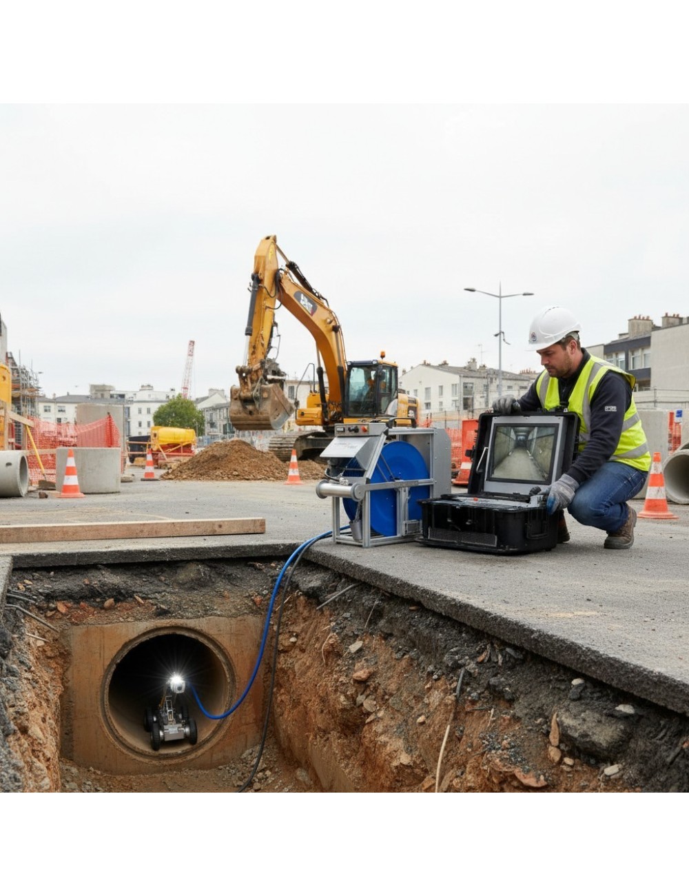 Robot caméra 300AX sur chantier — inspection vidéo assainissement en tranchée